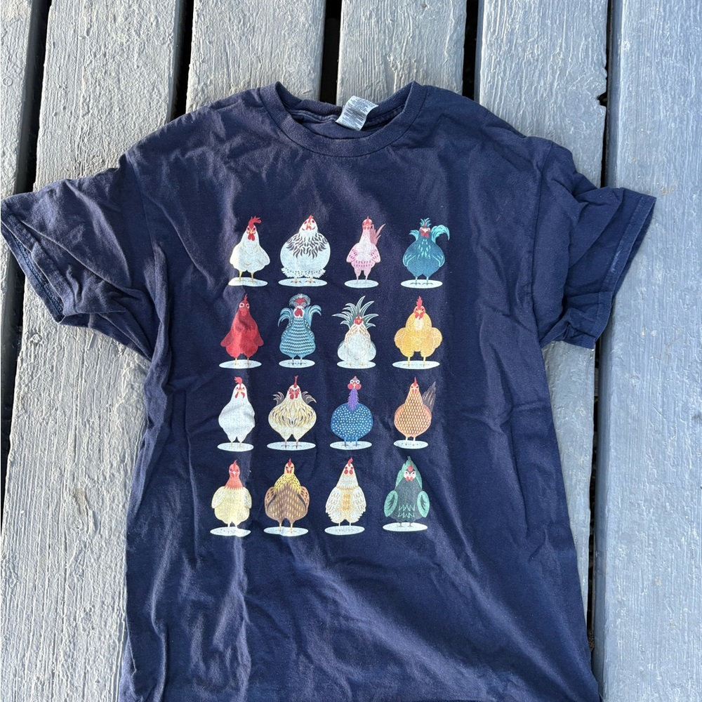 Gildan Navy women’s Short-Sleeve Tee with Colorful Chicken print
